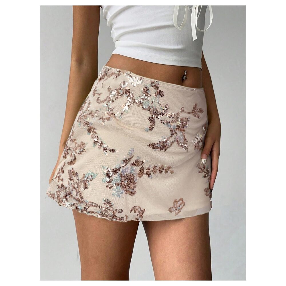 3308 Sequin Skirt Summer Floral Mesh Glitter Sparkly Mini Skirt Apricot - Picture 5 of 6